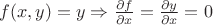 $f(x,y)=y\Rightarrow {\partial f\over \partial x} = {\partial y\over \partial x} = 0$