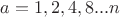 $a = 1, 2, 4, 8...n$ $a = 1, 2, 4, 8...n$
