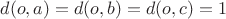 $d(o,a)=d(o,b)=d(o,c)=1$
