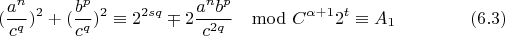 $$(\frac{a^n}{c^q})^{2}+(\frac{b^p}{c^q})^{2}\equiv 2^{2sq}\mp 2\frac{a^nb^p}{c^{2q}}\mod C^{\alpha+1}2^t \equiv A_1 \eqno(6.3)$$