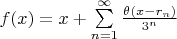 $f(x)= x +\sum\limits_{n=1}^{\infty}\frac{\theta (x-r_n)}{3^n} $