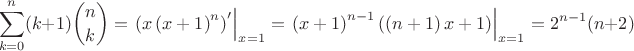 $$\sum\limits_{k=0}^n (k+1)\binom{n}{k}=\left.\left(x\left(x+1\right)^n\right)'\right|_{x=1}=\left.\left(x+1\right)^{n-1}\left(\left(n+1\right)x+1\right)\right|_{x=1}=2^{n-1}(n+2)$$