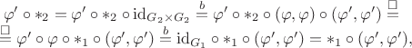 $$\begin{array}{c}\varphi'\circ {*}_2 = \varphi'\circ {*}_2\circ\mathrm{id}_{G_2\times G_2} \stackrel{b}{=} \varphi'\circ{*}_2\circ(\varphi,\varphi)\circ(\varphi',\varphi') \stackrel{\square}{=} {} \\
{} \stackrel{\square}{=} \varphi'\circ\varphi\circ{*}_1\circ(\varphi',\varphi') \stackrel{b}{=} \mathrm{id}_{G_1}\circ{*}_1\circ(\varphi',\varphi') = {*}_1\circ(\varphi',\varphi'),\end{array}$$