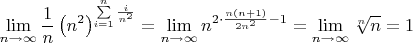 $$\lim\limits_{n\to \infty }\frac{1}{n}\left(n^2\right)^{\sum\limits_{i=1}^{n}\frac{i}{n^2}}=\lim\limits_{n\to\infty}n^{2\cdot\frac{n(n+1)}{2n^2}-1}=\lim\limits_{n\to\infty}\sqrt[n]{n}=1$$