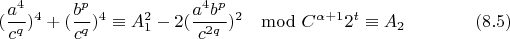 $$(\frac{a^4}{c^q})^{4}+(\frac{b^p}{c^q})^{4}\equiv A_1^2-2(\frac{a^4b^p}{c^{2q}})^{2}\mod C^{\alpha+1}2^t \equiv A_2 \eqno(8.5)$$