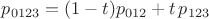 $p_{0123} = (1-t) p_{012} + t\,p_{123}$