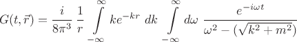 $$ G(t,\vec r) = \cfrac{i}{8\pi^3} ~\cfrac{1}{r}~ \int\limits_{-\infty}^\infty k e^{-kr} ~ dk ~\int\limits_{-\infty}^\infty d \omega ~ \cfrac{e^{- i \omega t}}{\omega^2 - (\sqrt{k^2 + m^2})} $$