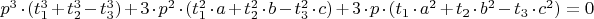 $p^{3}\cdot (t_{1}^{3}+t_{2}^{3}-t_{3}^{3})+3\cdot p^{2}\cdot (t_{1}^{2}\cdot a+t_{2}^{2}\cdot b-t_{3}^{2}\cdot c)+3\cdot p\cdot (t_{1}\cdot a^{2}+t_{2}\cdot b^{2}-t_{3}\cdot c^{2})=0$