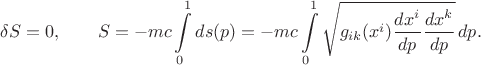 $$\delta S=0,\qquad S=-mc\int\limits_0^1 ds(p)=-mc\int\limits_0^1 \sqrt{g_{ik}(x^i)\dfrac{dx^i}{dp}\dfrac{dx^k}{dp}}\,dp.$$