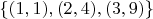 $\left\{(1,1),(2,4),(3,9)\right\}$