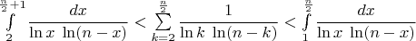 $\int\limits_2^{\frac n2+1}\dfrac{dx}{\ln x\;\ln(n-x)}<\sum\limits_{k=2}^{\frac n2}\dfrac{1}{\ln k\;\ln(n-k)}<\int\limits_1^{\frac n2}\dfrac{dx}{\ln x\;\ln(n-x)}$