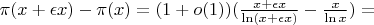 $\pi(x+\epsilon x)-\pi(x)=(1+o(1))(\frac{x+\epsilon x}{\ln(x+\epsilon x)}-\frac{x}{\ln x})=$
