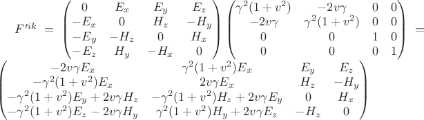 $F'^{ik}= \left ( \begin{matrix} 0 & E_x & E_y & E_z \\ -E_x & 0 & H_z & -H_y\\ -E_y & -H_z &0 &H_x \\ -E_z & H_y & -H_x & 0  \end{matrix} \right) \left ( \begin{matrix} \gamma^2 (1+v^2) & -2v \gamma & 0 & 0 \\ -2v\gamma & \gamma^2 (1+v^2) & 0& 0\\ 0 & 0 & 1 & 0 \\ 0 & 0 & 0 & 1  \end{matrix} \right) = \left( \begin{matrix} -2v\gamma E_x & \gamma^2(1+v^2) E_x &E_y & E_z \\ -\gamma^2(1+v^2) E_x & 2v\gamma E_x & H_z & -H_y \\ -\gamma^2(1+v^2)E_y +2v\gamma H_z & -\gamma^2(1+v^2) H_z +2v \gamma E_y &0 & H_x \\ -\gamma^2 (1+v^2) E_z -2v \gamma H_y & \gamma^2(1+v^2) H_y +2v \gamma E_z & -H_z &0 \end{matrix} \right)  $