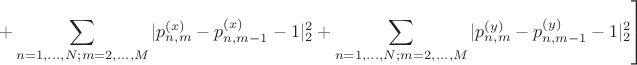 $$ \left.
    +  \sum_{n=1,...,N; m=2,...,M} | p_{n,m}^{(x)} - p_{n,m-1}^{(x)} - 1|_2^2
    + \sum_{n=1,...,N; m=2,...,M} | p_{n,m}^{(y)} - p_{n,m-1}^{(y)} - 1|_2^2 \right]
$$