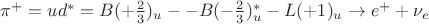 $\pi^+ = ud^* = B(+\frac{2}{3})_u -- B(-\frac{2}{3})_u^*-L(+1)_u \to e^+ + \nu_{e}$