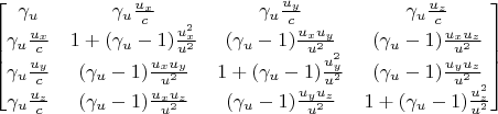 $$\begin{bmatrix}
 \gamma_u & \gamma_u \frac{u_x}{c} &\gamma_u \frac{u_y}{c} & \gamma_u \frac{u_z}{c}\\
 \gamma_u \frac{u_x}{c} & 1 + (\gamma_u - 1) \frac{u_x^2}{u^2} &  (\gamma_u - 1) \frac{u_x u_y}{u^2}  & (\gamma_u - 1) \frac{u_x u_z}{u^2} \\
 \gamma_u \frac{u_y}{c} & (\gamma_u - 1) \frac{u_x u_y}{u^2}  & 1 + (\gamma_u - 1) \frac{u_y^2}{u^2}  & (\gamma_u - 1) \frac{u_y u_z}{u^2}  \\
 \gamma_u \frac{u_z}{c} & (\gamma_u - 1) \frac{u_x u_z}{u^2}  & (\gamma_u - 1) \frac{u_y u_z}{u^2} & 1 + (\gamma_u - 1) \frac{u_z^2}{u^2}
\end{bmatrix}$$