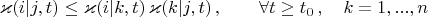 $$
\varkappa(i|j,t) \le \varkappa(i|k,t)\,\varkappa(k|j,t)\, ,\qquad\forall t\ge t_0\, ,
           \quad k=1,...,n
$$