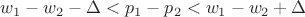 $w_1-w_2-\Delta<p_1-p_2<w_1-w_2+\Delta$