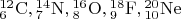 $\mathrm{{}^{12}_6 C,{}^{14}_7 N,{}^{16}_8 O,{}^{18}_9 F,{}^{20}_{10} Ne}$
