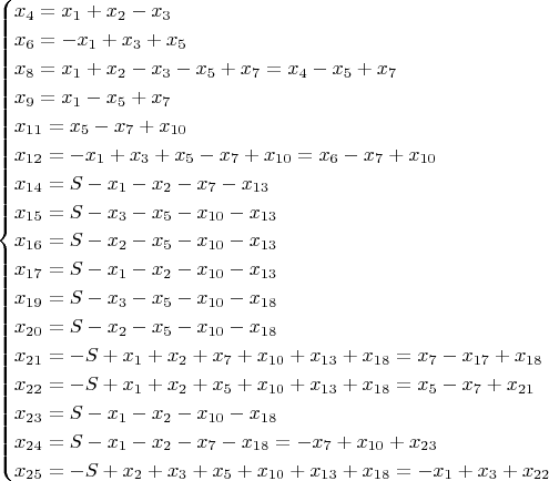 $$
\begin{cases}
x_4 = x_1 + x_2 - x_3 \\
x_6 = -x_1 + x_3 + x_5 \\
x_8 = x_1 + x_2 - x_3 - x_5 + x_7 = x_4 - x_5 + x_7\\
x_9 = x_1 - x_5 + x_7 \\
x_{11} = x_5 - x_7 + x_{10} \\
x_{12} = -x_1 + x_3 + x_5 - x_7 + x_{10} = x_6  - x_7 + x_{10} \\
x_{14} = S - x_1 - x_2 - x_7 - x_{13} \\
x_{15} = S - x_3 - x_5 - x_{10} - x_{13} \\
x_{16} = S - x_2 - x_5 - x_{10} - x_{13} \\
x_{17} = S - x_1 - x_2 - x_{10} - x_{13} \\
x_{19} = S - x_3 - x_5 - x_{10} - x_{18} \\
x_{20} = S - x_2 - x_5 - x_{10} - x_{18} \\
x_{21} = -S + x_1 + x_2 + x_7 + x_{10} + x_{13} + x_{18} = x_7 - x_{17} + x_{18} \\
x_{22} = -S + x_1 + x_2 + x_5 + x_{10} + x_{13} + x_{18} = x_5 - x_7 + x_{21} \\
x_{23} = S - x_1 - x_2 - x_{10} - x_{18} \\
x_{24} = S - x_1 - x_2 - x_7 - x_{18} = - x_7 + x_{10} + x_{23}\\
x_{25} = -S + x_2 + x_3 + x_5 + x_{10} + x_{13} + x_{18} = -x_1 + x_3 + x_{22}
\end{cases}
$$