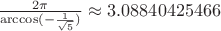 $\frac{2\pi}{\arccos(-\frac1{\sqrt5})} \approx 3.08840425466$