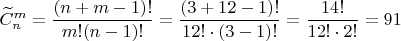 ${\widetilde{C}}_n^m = \dfrac{(n + m - 1)!}{m! (n-1)!} = \dfrac{(3 + 12 - 1)!}{12! \cdot (3 - 1)!} = \dfrac{14!}{12! \cdot 2!} = 91$