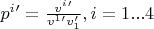 $p^{i}'=\frac{v^{i}'}{v^{1}'v_{1}'}, i=1...4  $