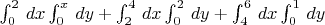 $\int_0^2\,dx\int_0^x\,dy + \int_2^4\,dx\int_0^2\,dy + \int_4^6\,dx\int_0^1\,dy$