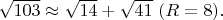 $\sqrt{103} \approx \sqrt{14}+\sqrt{41}\ (R=8).$