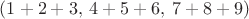 $(1+2+3,\:4+5+6,\:7+8+9)$ $(1+2+3,\:4+5+6,\:7+8+9)$