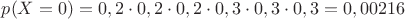 $p(X=0)=0,2\cdot 0,2\cdot 0,2\cdot 0,3\cdot 0,3\cdot 0,3=0,00216$
