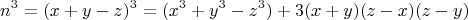 $$n^3=(x+y-z)^3=(x^3+y^3-z^3)+3(x+y)(z-x)(z-y)$$