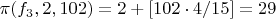 $\pi(f_3,2,102)=2+[102 \cdot 4/15]=29$