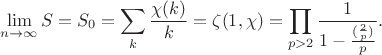 $$\lim_{n\to \infty}S=S_0=\sum_k \frac{\chi(k)}{k}=\zeta(1,\chi)=\prod_{p>2}\frac{1}{1-\frac{(\frac 2p)}{p}}.$$