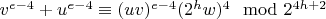 $v^{e-4}+u^{e-4}\equiv (uv)^{e-4}(2^hw)^4 \mod 2^{4h+2}$