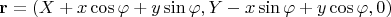 $${\bf{r}}=(X+x\cos\varphi+y\sin\varphi,Y-x\sin\varphi+y\cos\varphi,0) $$