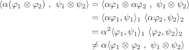 $$\begin{align}\langle \alpha (\varphi_1\otimes \varphi_2)\ ,\  \psi_1\otimes\psi_2\rangle &=\langle \alpha \varphi_1\otimes \alpha \varphi_2\ ,\  \psi_1\otimes\psi_2\rangle \\
& = \langle\alpha \varphi_1, \psi_1\rangle_1 \ \langle\alpha \varphi_2,  \psi_2\rangle_2\\
& = \alpha^2\langle \varphi_1, \psi_1\rangle_1\  \langle \varphi_2,  \psi_2\rangle_2 \\
& \ne \alpha \langle \varphi_1\otimes \varphi_2\ ,\  \psi_1\otimes\psi_2\rangle
\end{align}$$