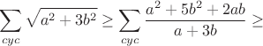 $$ \sum\limits_{cyc}\sqrt{a^2+3b^2}\ge 
\sum\limits_{cyc}\frac{a^2+5b^2+2ab}{a+3b}\ge $$