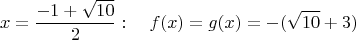 $$x=\dfrac{-1+\sqrt{10}}{2} : \quad f(x)=g(x)=-(\sqrt{10}+3)$$