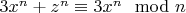 $3 x^n+z^n \equiv 3 x^n \mod n$