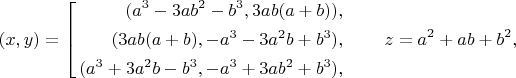 $$(x,y)=\left[\begin{aligned}(a^3-3ab^2-b^3,3ab(a+b)),\\(3ab(a+b),-a^3-3a^2b+b^3),\\(a^3+3a^2b-b^3,-a^3+3ab^2+b^3),\end{aligned}\right.\qquad z=a^2+ab+b^2,$$