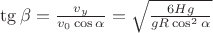$\tg \beta=\frac{v_y}{v_0\cos \alpha}=\sqrt{\frac{6Hg}{gR\cos^2 \alpha}}$