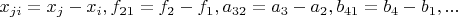 $x_{ji}=x_j-x_i,f_{21}=f_2-f_1,a_{32}=a_3-a_2,b_{41}=b_4-b_1,...$