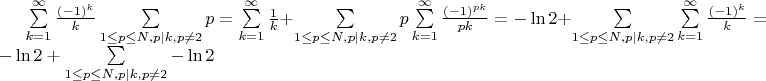 $\sum\limits_{k=1}^{\infty} {\frac{(-1)^k}{k} \sum\limits_{1 \le p \le N, p|k, p \not = 2}{p}} = \sum\limits_{k=1}^{\infty} {\frac{1}{k}} + \sum\limits_{1 \le p \le N, p|k, p \not = 2}{p \sum\limits_{k=1}^{\infty} {\frac{(-1)^{pk}}{pk}}} = -\ln 2 + \sum\limits_{1 \le p \le N, p|k, p \not = 2} \sum\limits_{k=1}^{\infty} \frac{(-1)^k}{k} = -\ln 2 + \sum\limits_{1 \le p \le N, p|k, p \not = 2} -\ln 2$