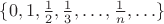 $\{0,1,\frac12,\frac13,\ldots,\frac1n,\ldots\}$ $\{0,1,\frac12,\frac13,\ldots,\frac1n,\ldots\}$