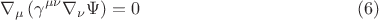 $$
\nabla_{\mu} \left(  \gamma^{\mu \nu} \nabla_{\nu} \Psi \right) = 0 \eqno(6)
$$