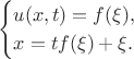 $$\begin{cases}u(x,t)=f(\xi),\\x=tf(\xi)+\xi.\end{cases}$$