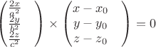 $$\begin{pmatrix}
\frac{2x}{a^2} & \\
\frac{2y}{b^2} & \\
\frac{2z}{c^2} & 
\end{pmatrix}\times\begin{pmatrix}
x-x_0 & \\
y-y_0 & \\
z-z_0 & 
\end{pmatrix}=0$$