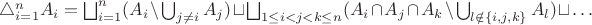 $\triangle_{i = 1}^n A_i = \bigsqcup_{i = 1}^n (A_i \setminus \bigcup_{j \neq i} A_j) \sqcup \bigsqcup_{1 \leq i < j < k \leq n} (A_i \cap A_j \cap A_k \setminus \bigcup_{l \notin \{i, j, k\}} A_l) \sqcup \ldots$