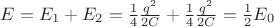 $E=E_1+E_2=\frac{1}{4}\frac{q^2}{2C}+\frac{1}{4}\frac{q^2}{2C}=\frac{1}{2}E_0$